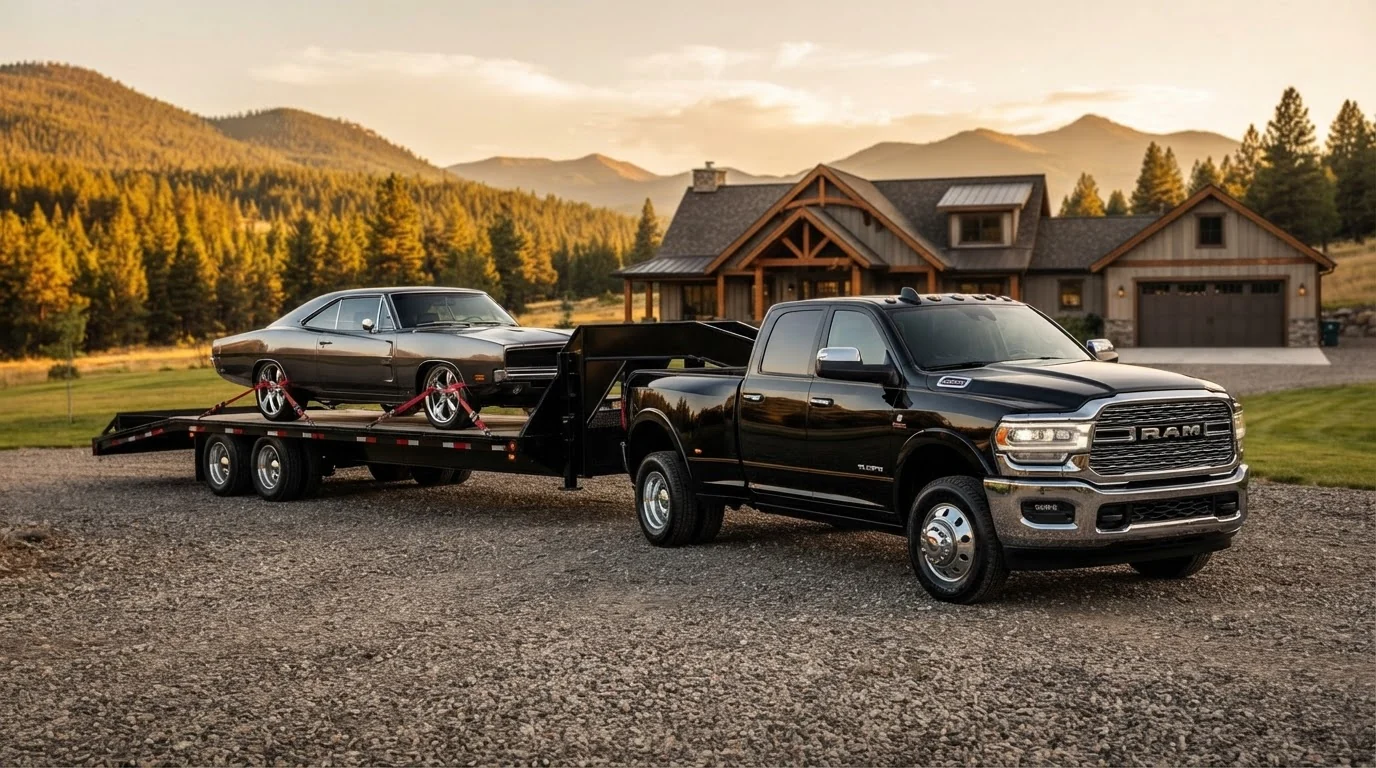 Black heavy-duty pickup and gooseneck trailer transporting a classic vehicle